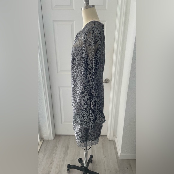 White House Black Market Silver Gray Metallic Lace Bell Sleeve Dress. - Picture 10 of 17
